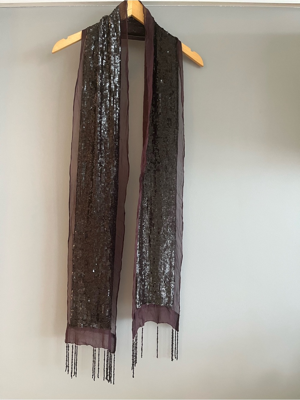 Sequined Fringe Evening Scarf - Deep Wine- Burgundy
